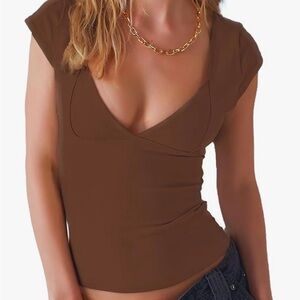 Brown Fitted Cap Sleeve Blouse with Cut Out